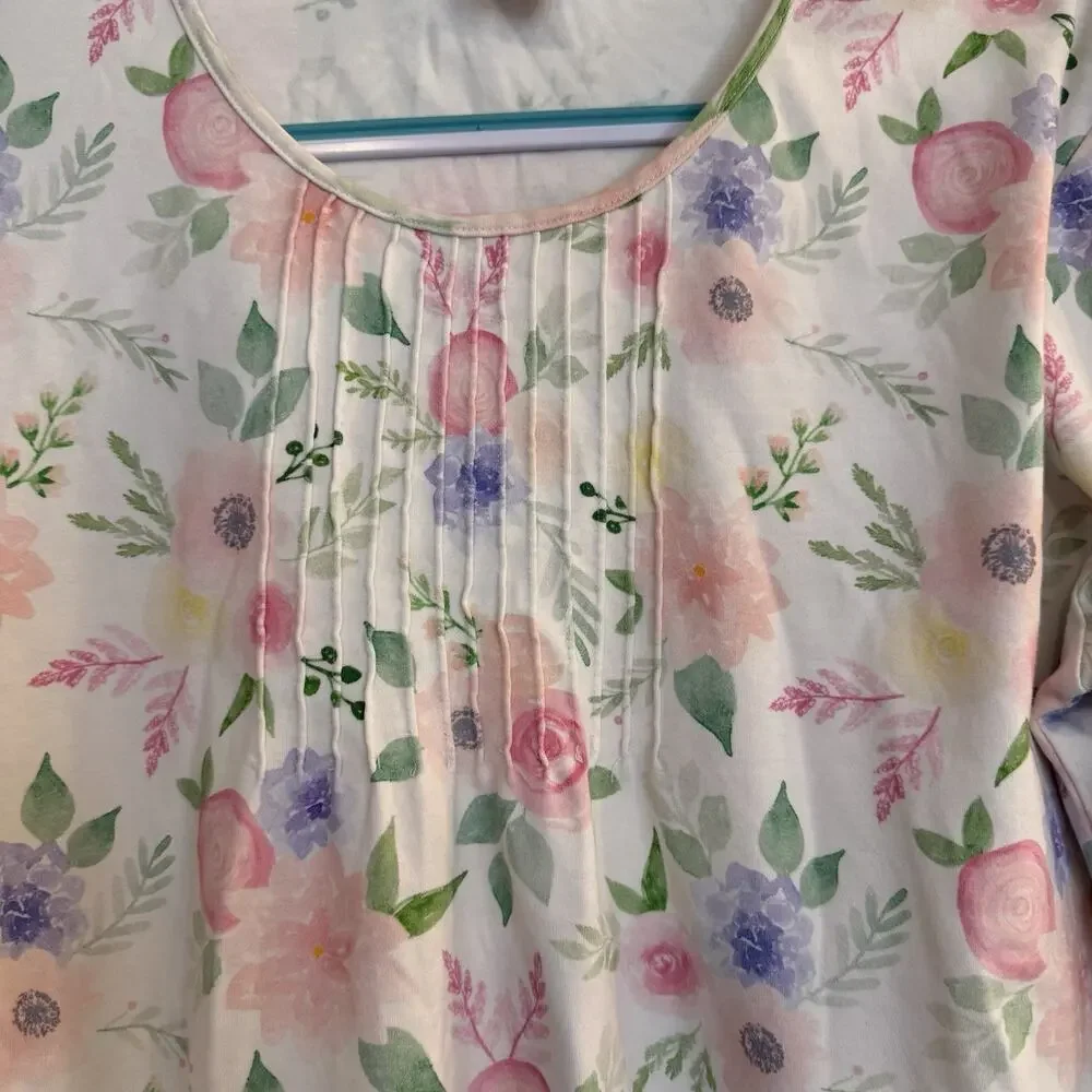 COTN Pajama Top Women XL Long‎ Sleeve White Floral Soft Pleated Grandmacore